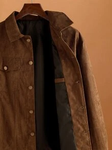 Core Aspect Men's Solid Color Brown Suedette Long Sleeve Single-Breasted Casual Jacket, Multi-Pocket Collar Outerwear - Coffee Brown - View 7