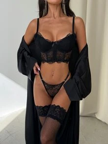 2pcs/Set Women Floral Lace Lingerie Set - Black - View 8