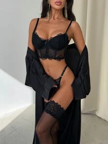 2pcs/Set Women Floral Lace Lingerie Set - Black - View 10
