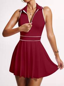 CourtClass CourtClass Women Striped Zipper Partial Placket Collar Pleated Hem Sleeveless Sports Dress - Burgundy - View 7