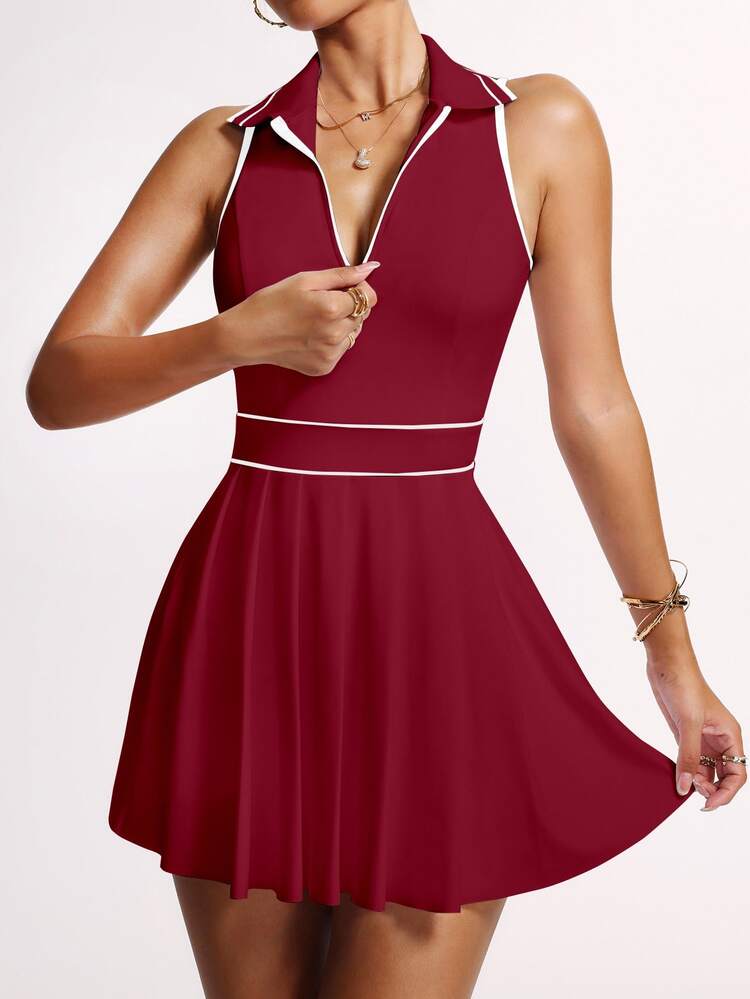 CourtClass CourtClass Vestido deportivo para mujer con cuello con cremallera parcial, pliegues en el bajo y sin mangas - Burdeos - Añade 6