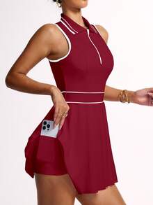 CourtClass CourtClass Women Striped Zipper Partial Placket Collar Pleated Hem Sleeveless Sports Dress - Burgundy - View 6