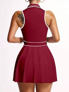CourtClass CourtClass Women Striped Zipper Partial Placket Collar Pleated Hem Sleeveless Sports Dress - Burgundy - View 3