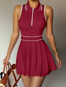 CourtClass CourtClass Women Striped Zipper Partial Placket Collar Pleated Hem Sleeveless Sports Dress - Burgundy - View 9