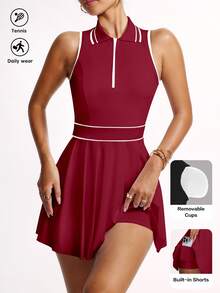CourtClass CourtClass Women Striped Zipper Partial Placket Collar Pleated Hem Sleeveless Sports Dress - Burgundy - View 4