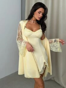 Firerie Women's Lace Patchwork Shiny Satin Nightgown & Mid-Length Robe 2 Pieces Set With Waist Tie, Loungewear - Yellow - View 6