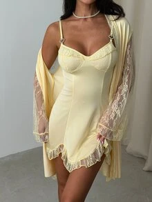 Firerie Women's Lace Patchwork Shiny Satin Nightgown & Mid-Length Robe 2 Pieces Set With Waist Tie, Loungewear - Yellow - View 7