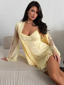 Firerie Women's Lace Patchwork Shiny Satin Nightgown & Mid-Length Robe 2 Pieces Set With Waist Tie, Loungewear - Yellow - View 8
