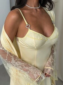 Firerie Women's Lace Patchwork Shiny Satin Nightgown & Mid-Length Robe 2 Pieces Set With Waist Tie, Loungewear - Yellow - View 10