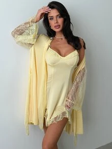 Firerie Women's Lace Patchwork Shiny Satin Nightgown & Mid-Length Robe 2 Pieces Set With Waist Tie, Loungewear - Yellow - View 9