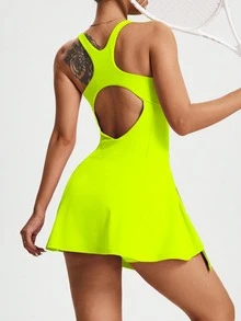 CourtClass CourtClass Women Fluorescent Green Backless Hollow-Out Sports Dress - Green - View 2