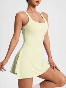 CourtClass CourtClass Gaun Olahraga Wanita Tanpa Lengan dengan Kerah Persegi dan Detail Kerut - Kuning - View 4
