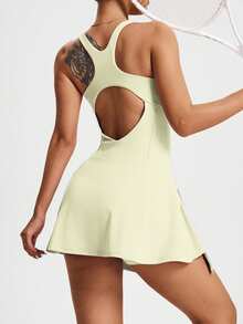 CourtClass CourtClass Gaun Olahraga Wanita Tanpa Lengan dengan Kerah Persegi dan Detail Kerut - Kuning - View 2
