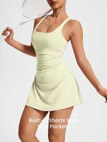 CourtClass CourtClass Gaun Olahraga Wanita Tanpa Lengan dengan Kerah Persegi dan Detail Kerut - Kuning - View 7