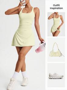 CourtClass CourtClass Gaun Olahraga Wanita Tanpa Lengan dengan Kerah Persegi dan Detail Kerut - Kuning - View 6