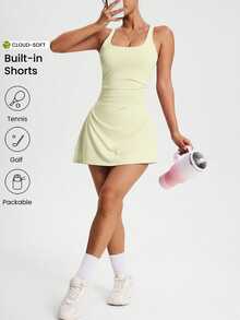 CourtClass CourtClass Gaun Olahraga Wanita Tanpa Lengan dengan Kerah Persegi dan Detail Kerut - Kuning - View 3