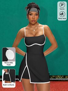 CourtClass CourtClass Women's Contrast Piping Detachable Pads Cami Activewear Dress - Black - View 1