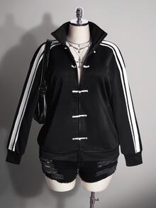 SHEIN ICON Plus Size Women's New Chinese Style Frog Button Decor Sporty Sweatshirt Jacket Fall - Black and White - View 3