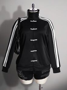 SHEIN ICON Plus Size Women's New Chinese Style Frog Button Decor Sporty Sweatshirt Jacket Fall - Black and White - View 4