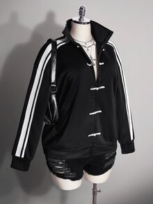 SHEIN ICON Plus Size Women's New Chinese Style Frog Button Decor Sporty Sweatshirt Jacket Fall - Black and White - View 11