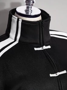SHEIN ICON Plus Size Women's New Chinese Style Frog Button Decor Sporty Sweatshirt Jacket Fall - Black and White - View 9
