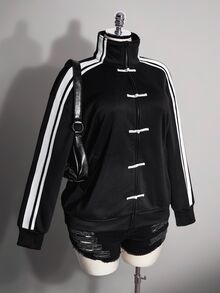SHEIN ICON Plus Size Women's New Chinese Style Frog Button Decor Sporty Sweatshirt Jacket Fall - Black and White - View 1