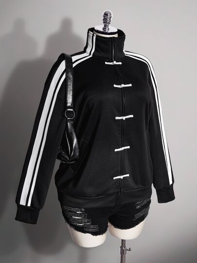 SHEIN ICON Áo khoác nỉ thể thao nữ size lớn phong cách Trung Quốc mới, trang trí nút hình ếch