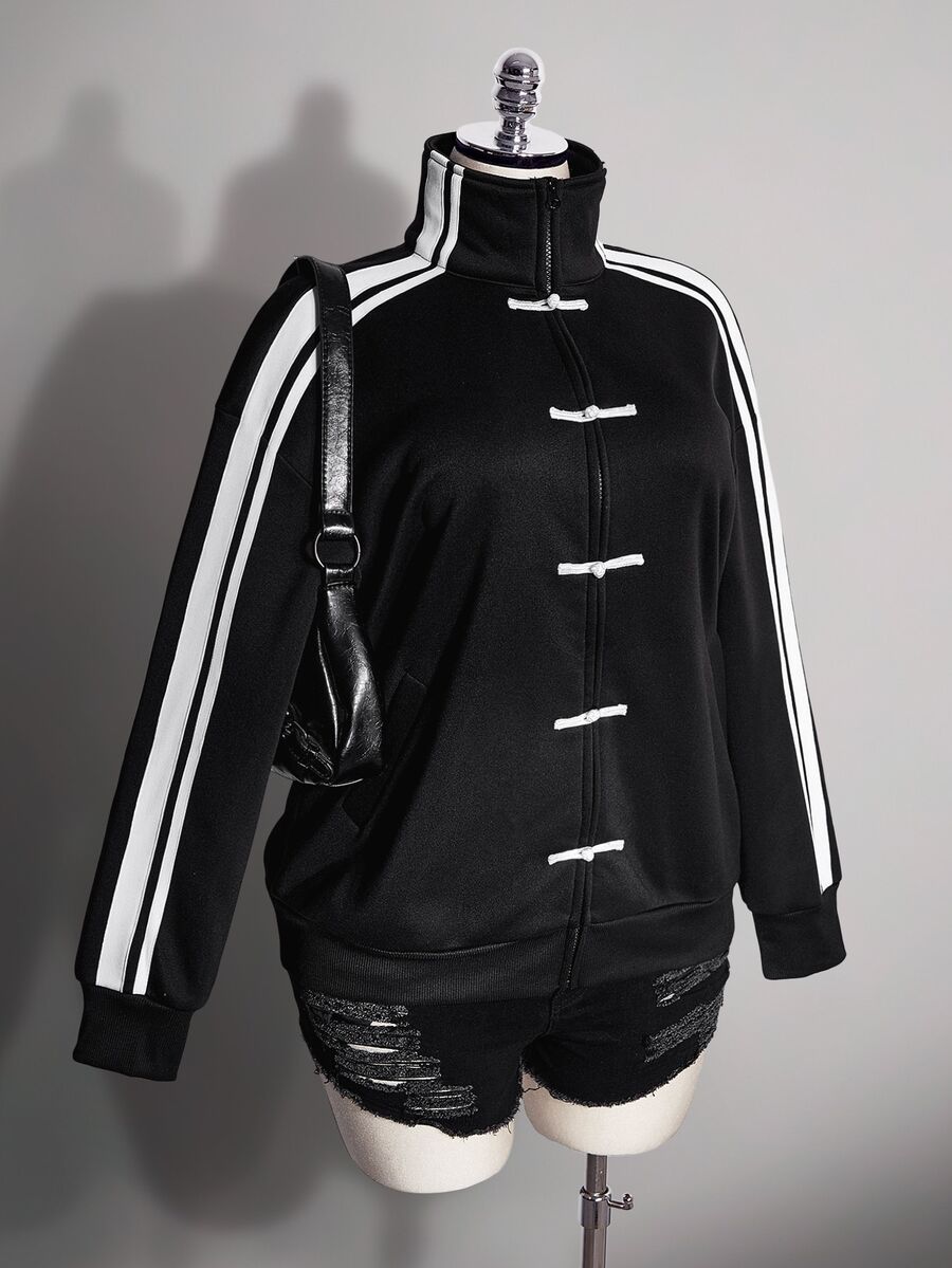 SHEIN ICON Plus Size Women's New Chinese Style Frog Button Decor Sporty Sweatshirt Jacket Fall - Black and White - View 1