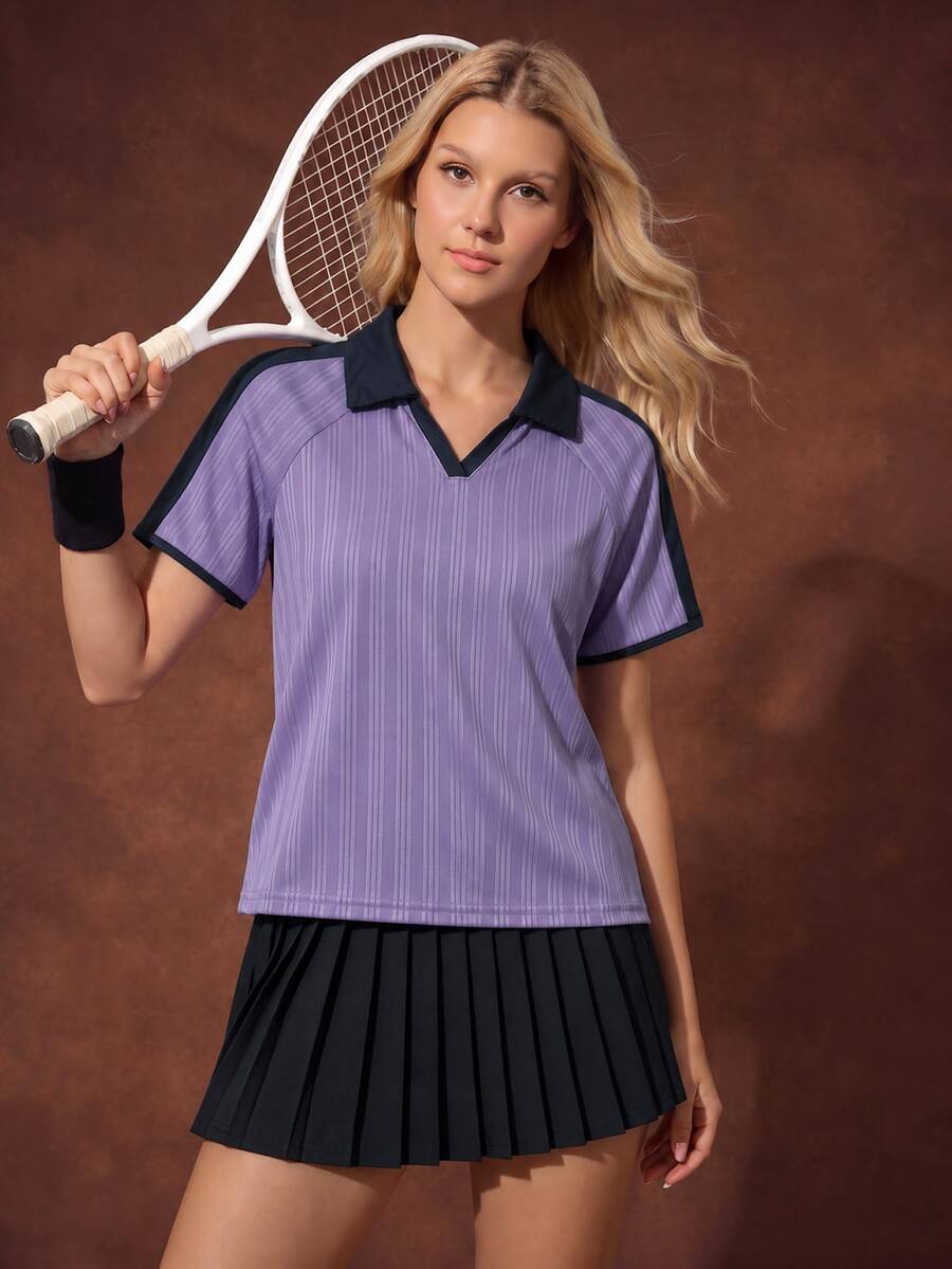 CourtClass CourtClass Atasan Tenis Lengan Pendek Raglan dengan Kerah Warna Kontras untuk Wanita - Purple - View 1