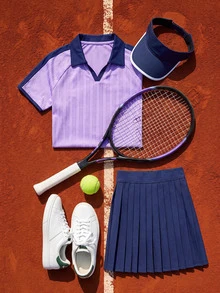 CourtClass CourtClass Atasan Tenis Lengan Pendek Raglan dengan Kerah Warna Kontras untuk Wanita - Purple - View 5