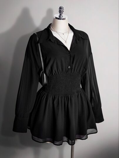 SHEIN ICON Đầm voan đen cổ sơ mi chiết eo cho nữ big size, phong cách retro gợi cảm, đơn giản, thanh lịch, casual, hiện đại, phù hợp đi làm và dạo phố mùa thu, Halloween đêm tiệc