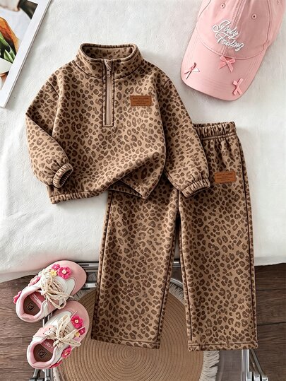 Girls' Khaki Brown Leopard Print Thermal Lined 2 Pieces Set, Half-Zip Stand Collar Top + Wide Leg Pants, Thick Thermal Lined, Stamp Decoration, Autumn/Winter Casual Young Girl' Wear
