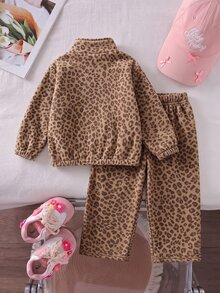 SHEIN 女童卡其棕豹紋保暖內裡兩件套，半拉鍊立領上衣 + 寬腿長褲，加厚保暖內裡，印花裝飾，秋冬休閒少女穿搭 - 彩色 - 查看 2