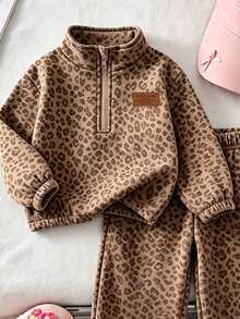 SHEIN 女童卡其棕豹紋保暖內裡兩件套，半拉鍊立領上衣 + 寬腿長褲，加厚保暖內裡，印花裝飾，秋冬休閒少女穿搭 - 彩色 - 查看 3