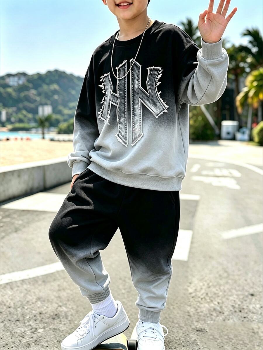 2pcs/Set Tween Boy Casual Fashion Comfortable Sweatshirt Set, Digital Print Long Sleeve Top, Outfit, Autumn/Winter Wear, Black & Grey Gradient Crew Neck Sweatshirt And Sweatpants Set - Multicolor - View 1