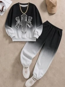 2pcs/Set Tween Boy Casual Fashion Comfortable Sweatshirt Set, Digital Print Long Sleeve Top, Outfit, Autumn/Winter Wear, Black & Grey Gradient Crew Neck Sweatshirt And Sweatpants Set - Multicolor - View 2