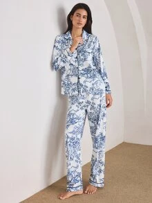 Ocili 中国风人物山水印花长袖睡衣套装，带领，可搭配家居服，印花睡衣，蓝白相间，秋冬舒适优雅细节 - 彩色 - 查看 7