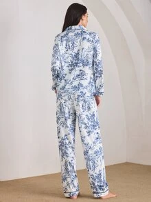 Ocili 中国风人物山水印花长袖睡衣套装，带领，可搭配家居服，印花睡衣，蓝白相间，秋冬舒适优雅细节 - 彩色 - 查看 4