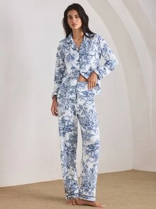 Ocili 中国风人物山水印花长袖睡衣套装，带领，可搭配家居服，印花睡衣，蓝白相间，秋冬舒适优雅细节 - 彩色 - 查看 3