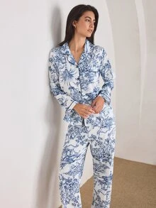 Ocili 中国风人物山水印花长袖睡衣套装，带领，可搭配家居服，印花睡衣，蓝白相间，秋冬舒适优雅细节 - 彩色 - 查看 8