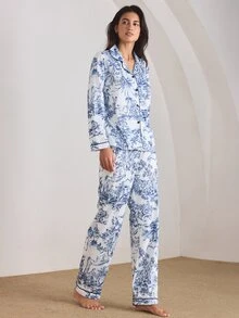 Ocili 中国风人物山水印花长袖睡衣套装，带领，可搭配家居服，印花睡衣，蓝白相间，秋冬舒适优雅细节 - 彩色 - 查看 5