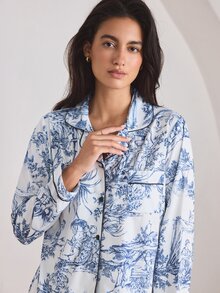 Ocili 中国风人物山水印花长袖睡衣套装，带领，可搭配家居服，印花睡衣，蓝白相间，秋冬舒适优雅细节 - 彩色 - 查看 6