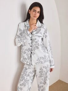 Ocili 女士泡泡褶皱花卉印花长袖睡衣套装真丝两件套，冬季服装 - 白色 - 查看 7