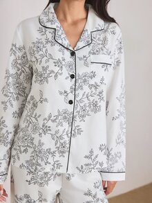 Ocili 女士泡泡褶皱花卉印花长袖睡衣套装真丝两件套，冬季服装 - 白色 - 查看 6