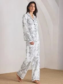 Ocili 女士泡泡褶皱花卉印花长袖睡衣套装真丝两件套，冬季服装 - 白色 - 查看 4