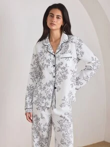 Ocili 女士泡泡褶皱花卉印花长袖睡衣套装真丝两件套，冬季服装 - 白色 - 查看 5