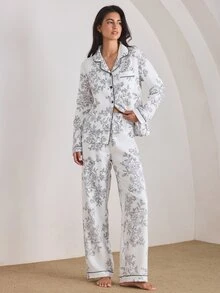 Ocili 女士泡泡褶皱花卉印花长袖睡衣套装真丝两件套，冬季服装 - 白色 - 查看 2