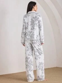 Ocili 女士泡泡褶皱花卉印花长袖睡衣套装真丝两件套，冬季服装 - 白色 - 查看 3