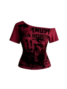 ROMWE Summer Grunge Punk Vintage Eye Print Colorblock 2 In 1 Asymmetrical Shoulder Loose Fit Women's T-Shirt - Red - View 1