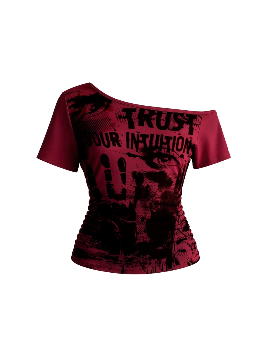 ROMWE Summer Grunge Punk Vintage Eye Print Colorblock 2 In 1 Asymmetrical Shoulder Loose Fit Women's T-Shirt - Red - View 1